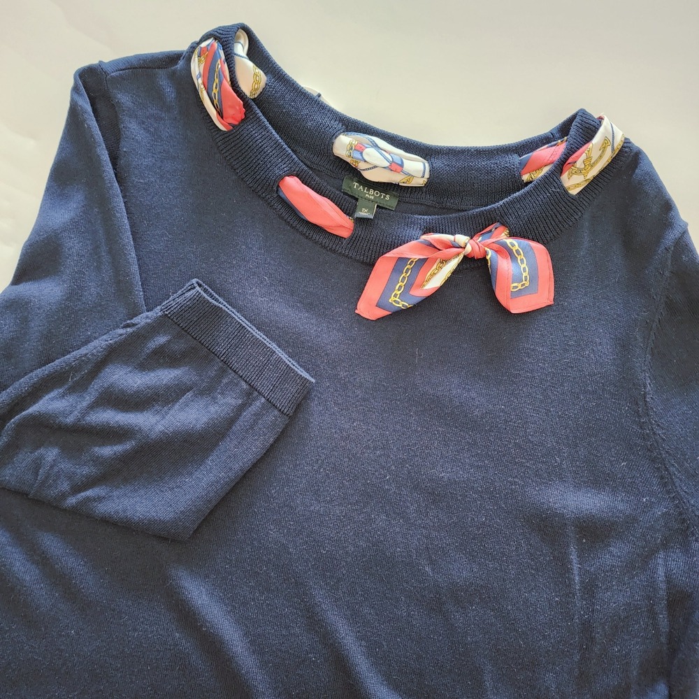 Talbots Plus 1X‎ Blue Knit Sweater w/ Silk Scarf Detail Nautical Preppy